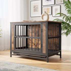 Dog Crate Furniture, Wooden Dog Crate Table, 32.8" Dog Kennel with 2 Sliding Doors and Thick Iron Door Frame (Color: as Pic)